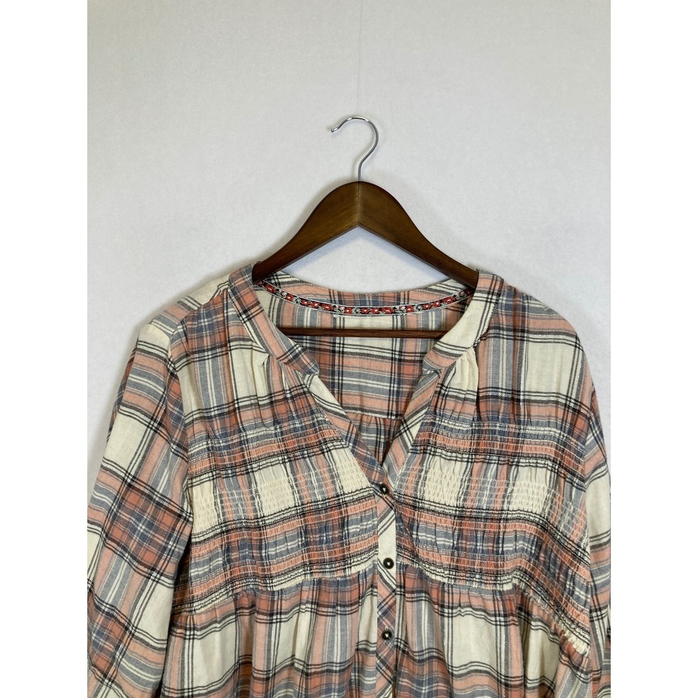 Rustic Cottagecore Universal Thread Women L Pink Plaid Smocked Metallic Blouse - Picture 4 of 9
